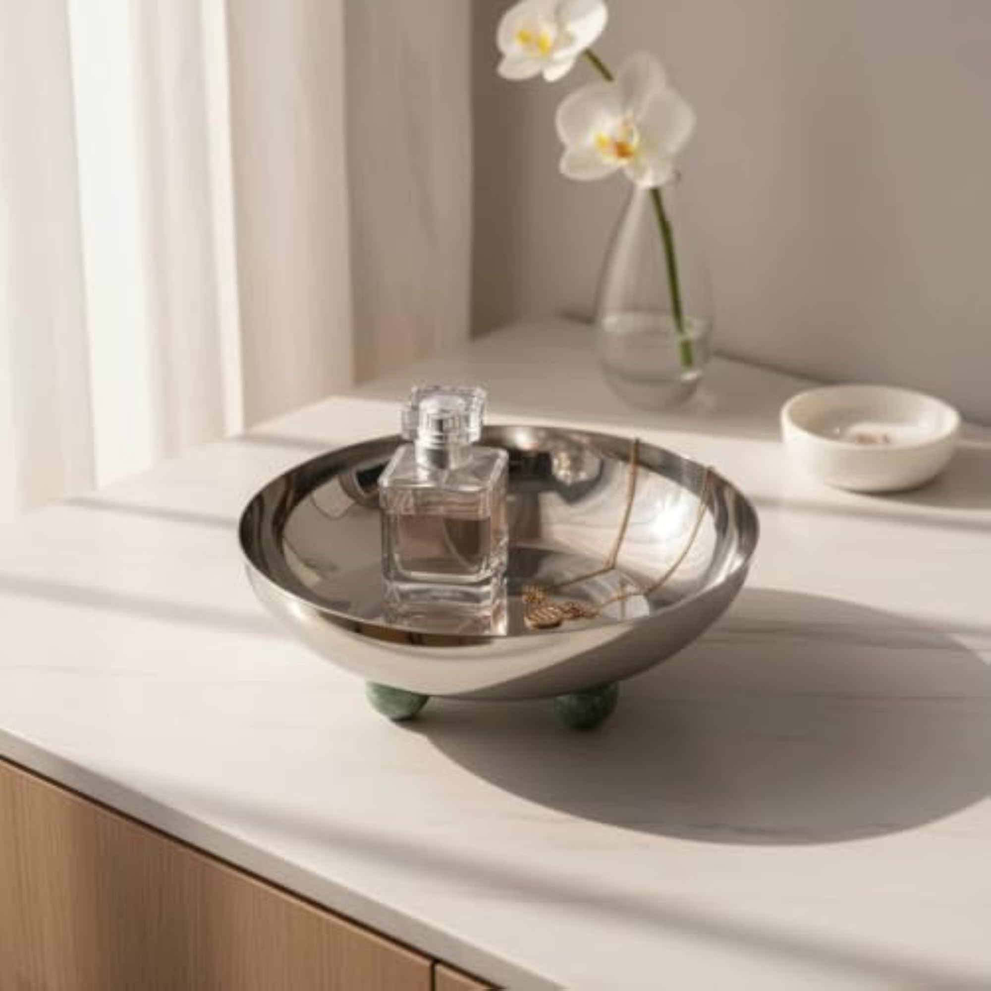 Mirror Finish Tray with Marble Base for Decorative Display